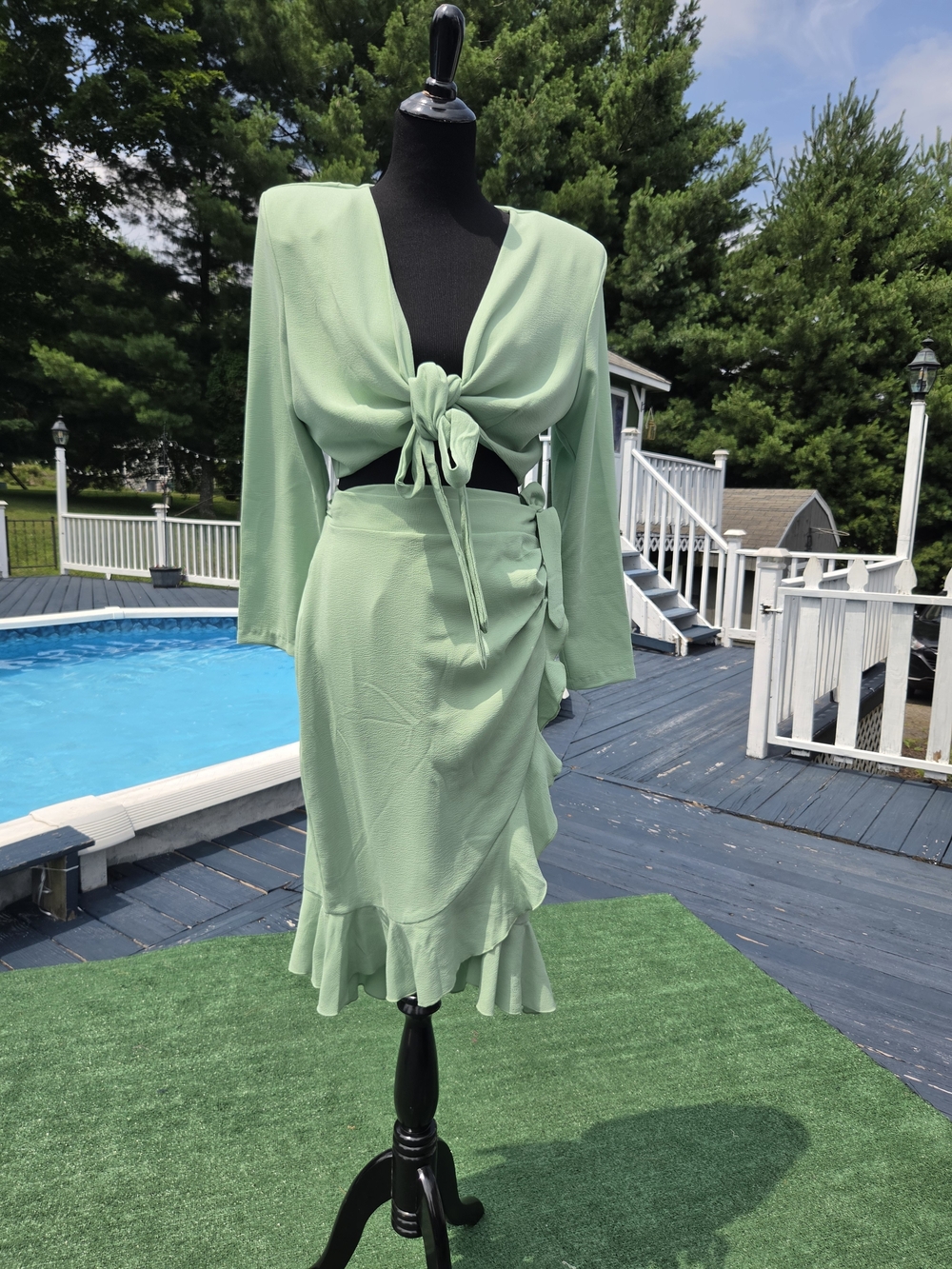 VINTAGE VANDALIZM Sage Green Tie-Front Ruffled Midi Skirt Set